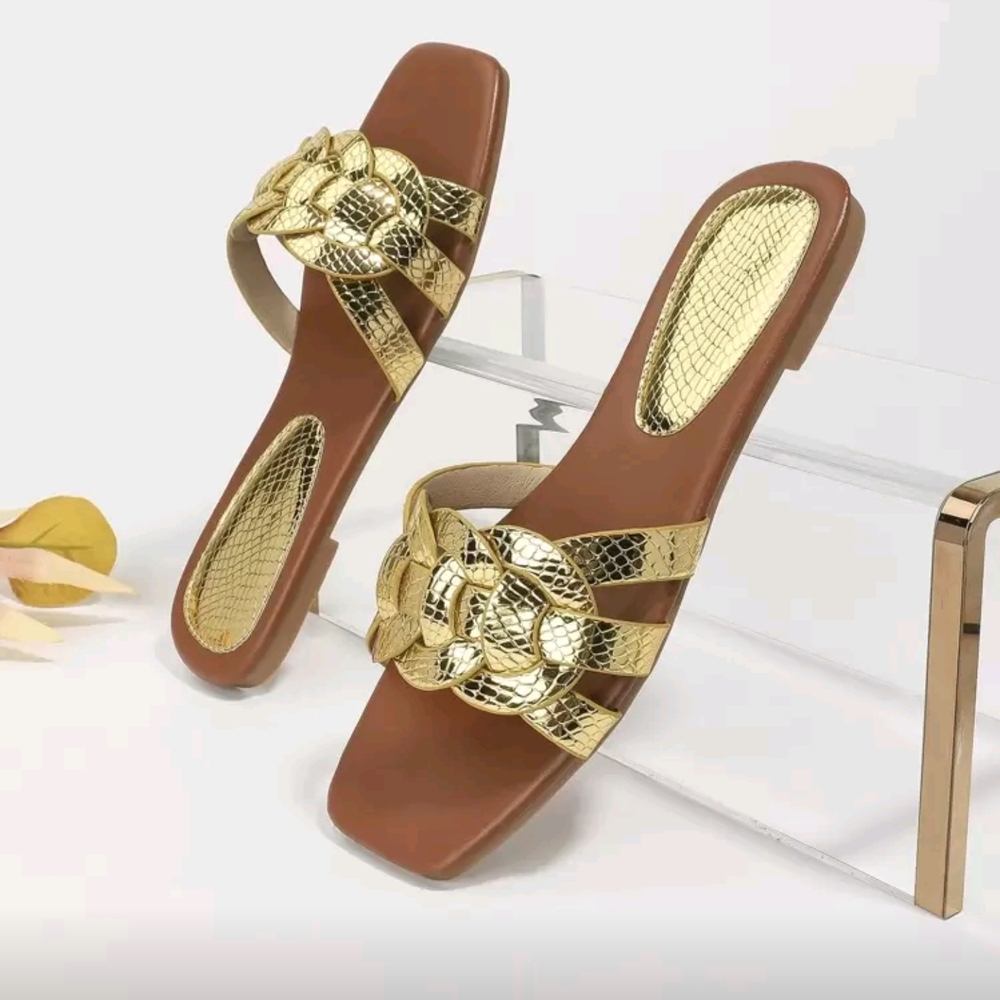 Metallic  Gold Snake Skin Slide Sandals